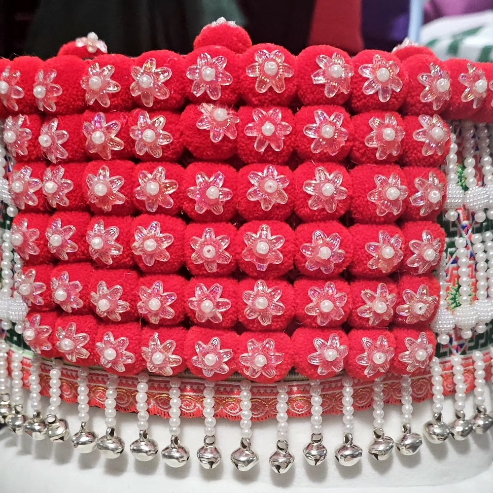 Red Floral Beaded Hmong Hat With Tail